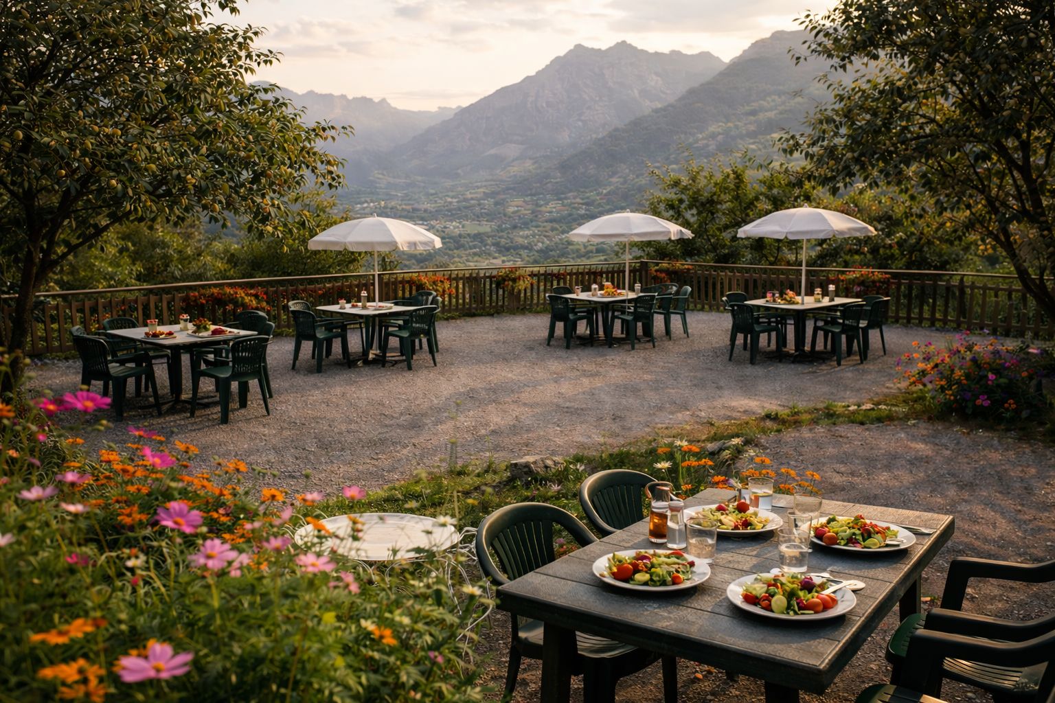 Repas d'été en terrasse — salades du jardin servies face aux montagnes, lumière dorée du soir